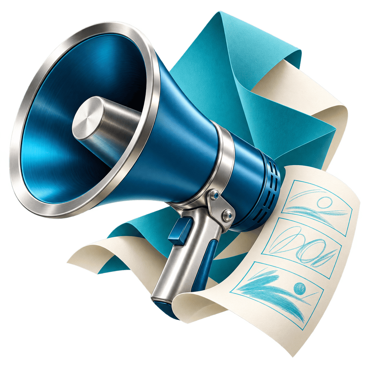 Illustration de la communication : un mégaphone bleu et des créations de papier.