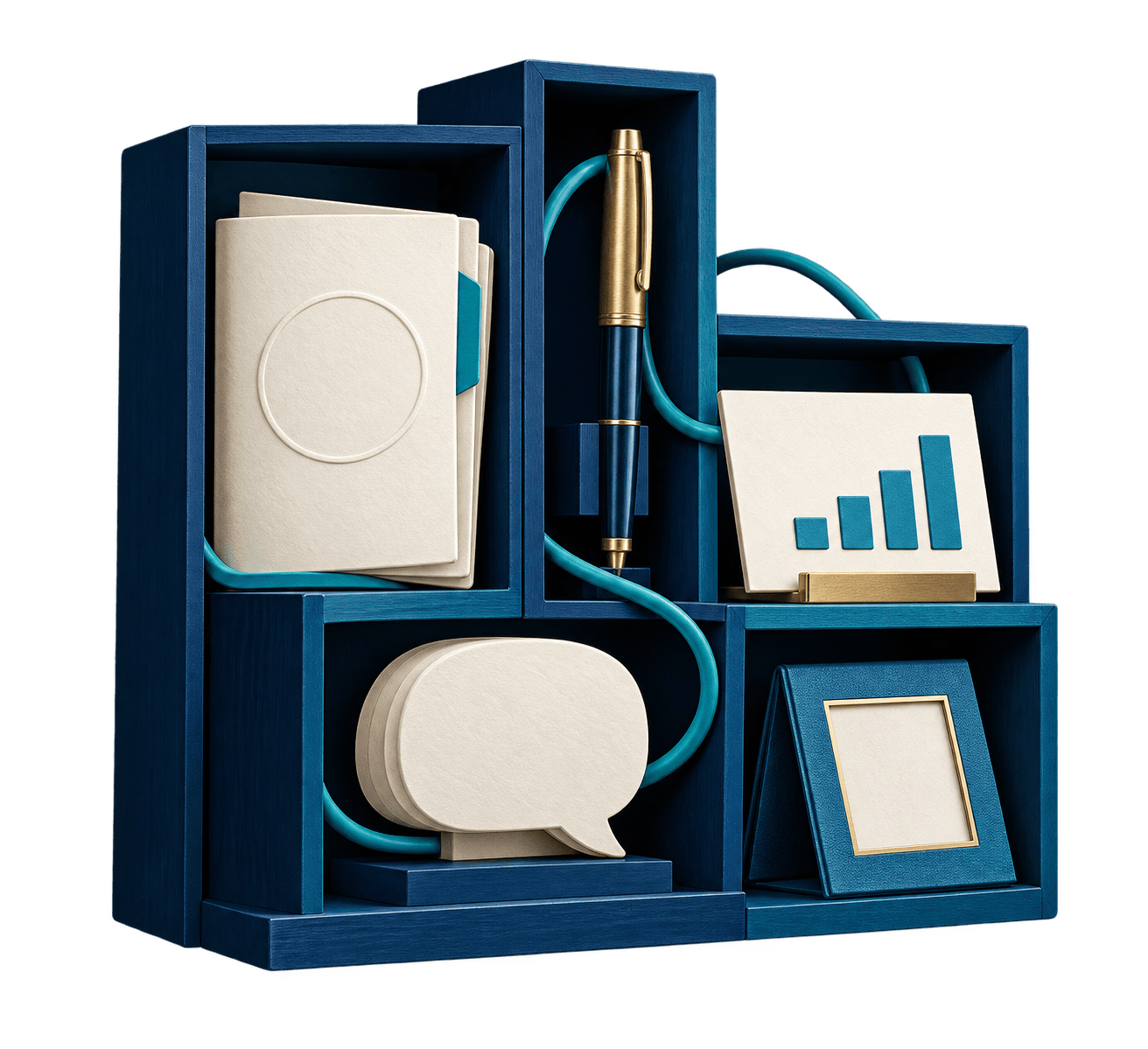 Compartiments bleus et objets de travail reliés par un ruban turquoise, illustration des usages métiers.