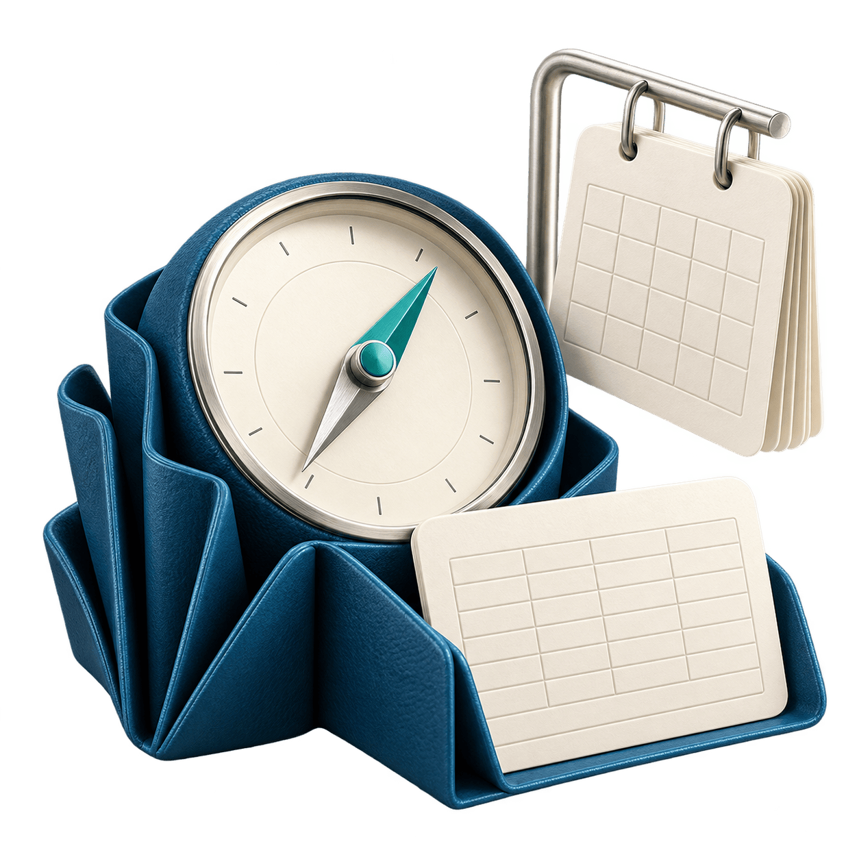 Compas bleu et objets de bureau avec une grille et un calendrier sans inscriptions.