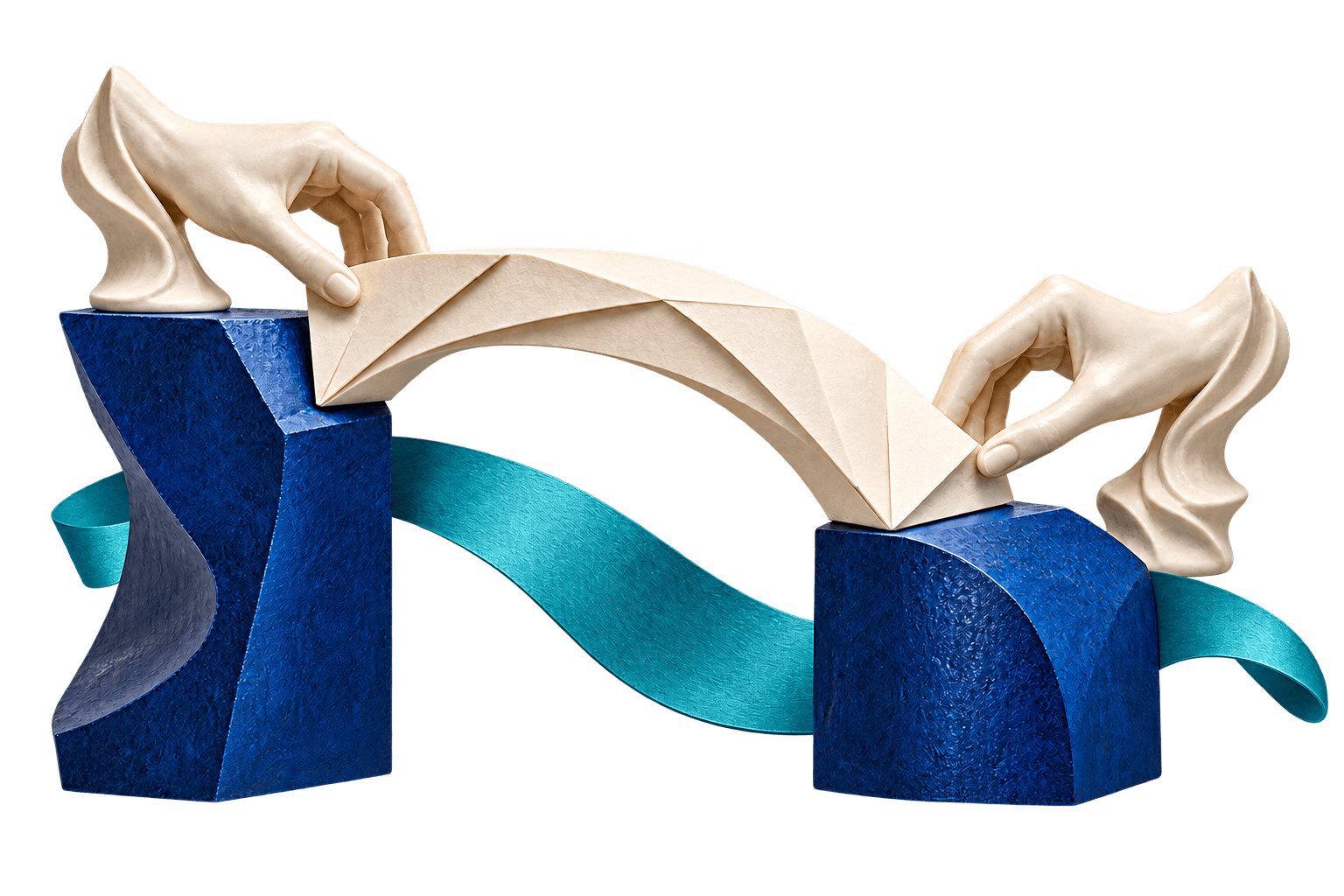 Deux mains sculptées assemblent un pont de papier, illustration d’un parcours construit ensemble.