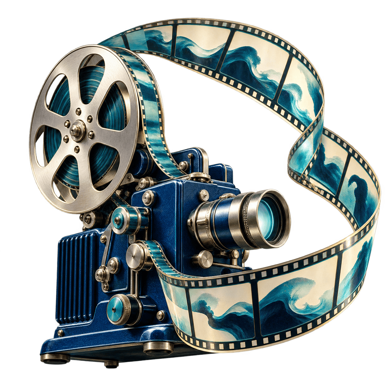 Projecteur bleu et ruban de film en mouvement : créer des vidéos avec l’IA.