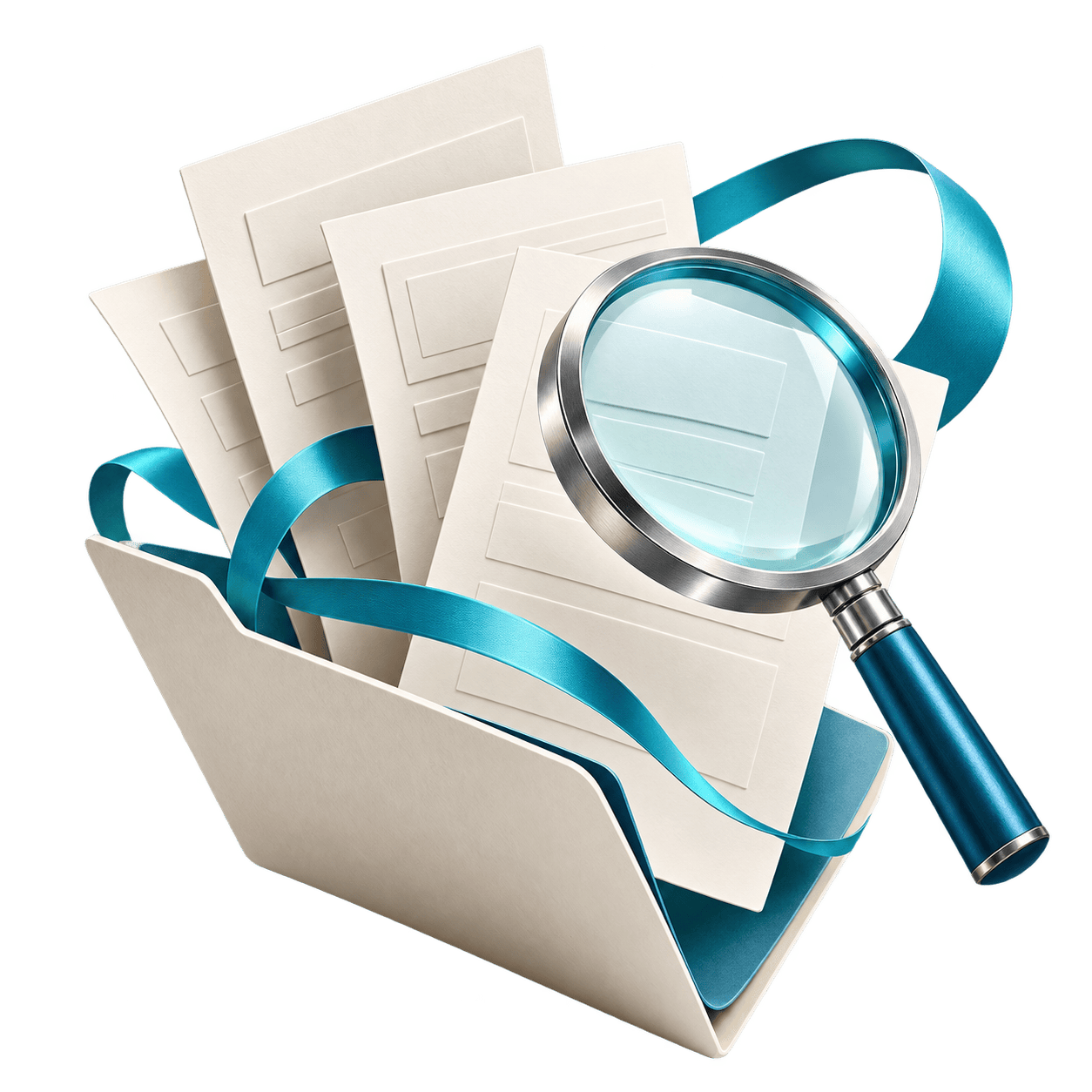 Illustration du recrutement : un dossier ouvert, des fiches et une loupe bleue.