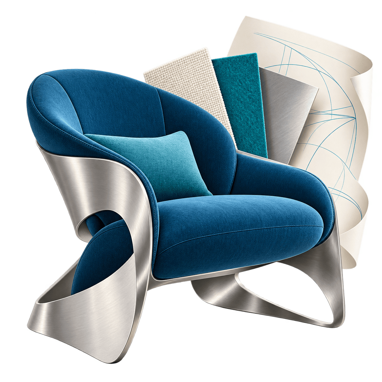 Illustration du design d’espace : un fauteuil sculptural bleu et des échantillons de matières.
