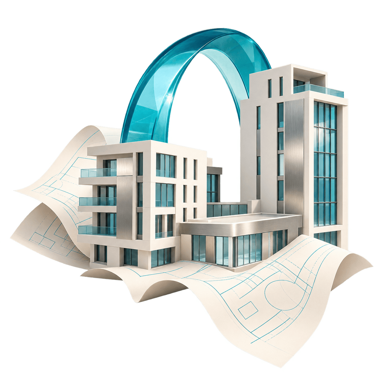Illustration de l’immobilier : une maquette architecturale blanche et une arche turquoise.