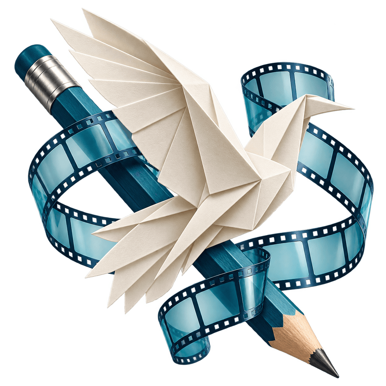 Illustration de la création : un oiseau de papier, un crayon et un film photographique.