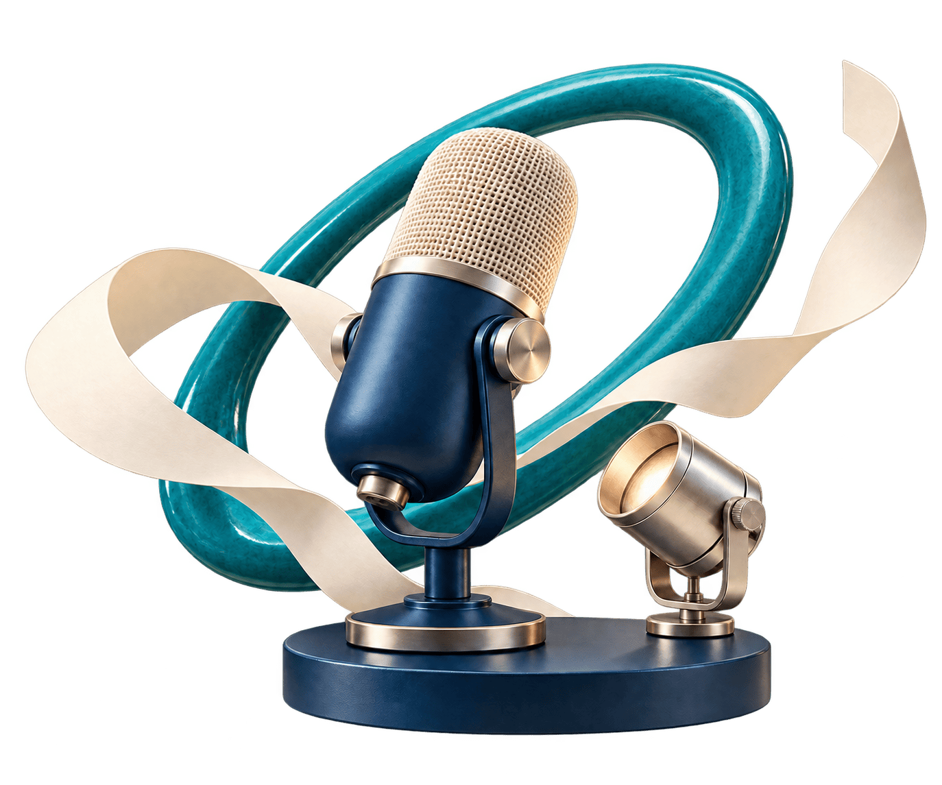 Microphone bleu, anneau turquoise et petit projecteur, illustration d’une démonstration d’IA en direct.